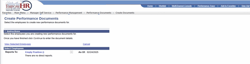 Create Performance Documents (after selecting Continue)